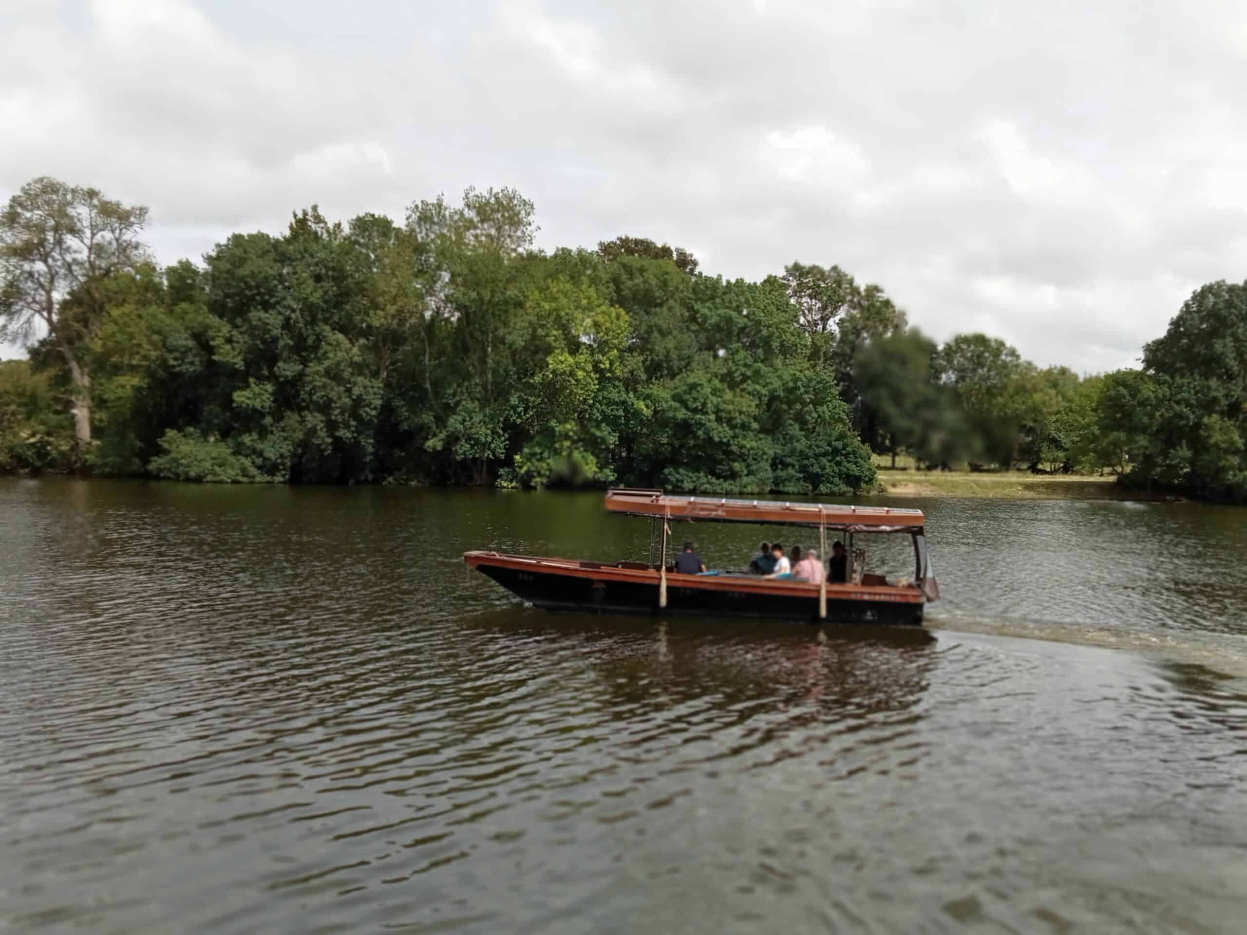 Bateau électrique sur Loire flottant sur une rivière boisée.